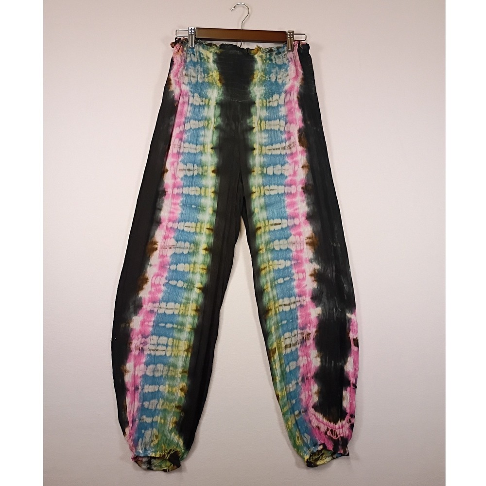Boho Hippie Angie Women Small Multicolor Tie Dye Smocked Waist Harem Pants